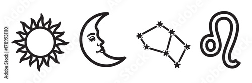 Set of hand drawn astrology symbols with sun moon constellation and leo zodiac sign. Esoteric spiritual icons in a minimalist doodle style for horoscope or tattoo design