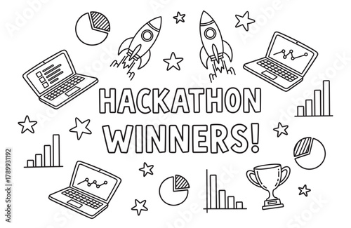 Doodle style hackathon winners text. Celebrating innovation and success in competitive programming. Featuring rockets, laptops, data charts, and a trophy for achievement