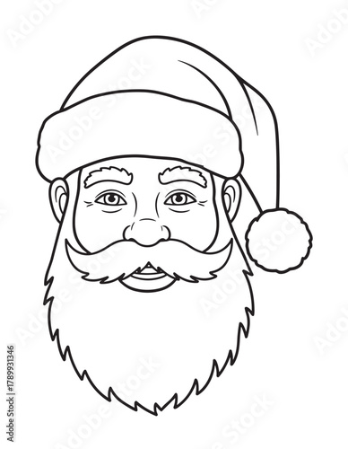 Male adult caucasian santa claus head outline with beard and hat. Ideal for holiday coloring pages, festive crafts, or christmas season design elements