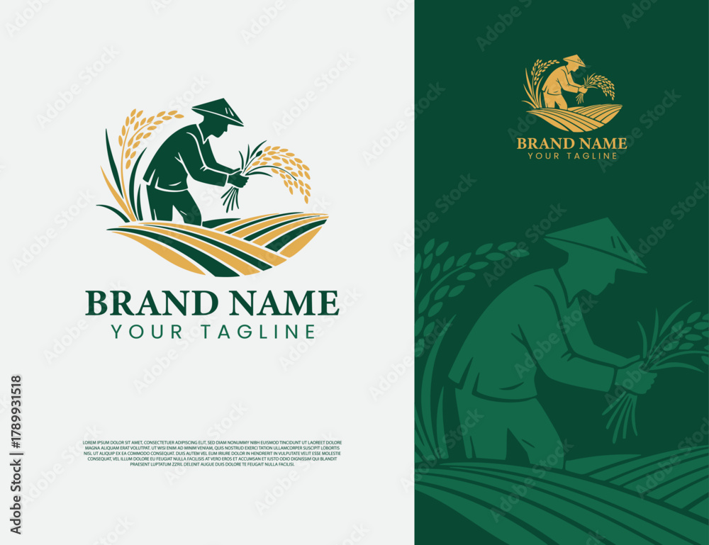 Obraz premium rice farmer logo harvesting illustration design