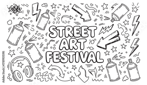 Hand drawn street art festival lettering with urban graffiti elements and spray cans. Doodle background design for youth culture events and creative promotions