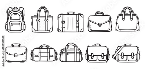 A hand drawn collection of bag and luggage icons for travel and business. Outline set includes a backpack, suitcase, briefcase, tote and messenger bag for design elements