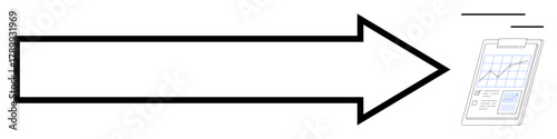 Large bold arrow emphasizes direction toward progress and success as depicted by clipboard with upward graph. Ideal for strategy, achievement, planning, efficiency, growth, focus, simple flat