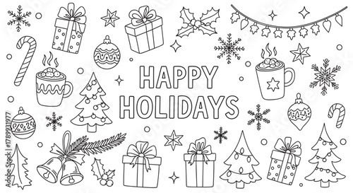 Festive holiday elements surround "happy holidays" text in a charming line art style. This delightful collection of winter symbols is perfect for coloring pages and seasonal design projects