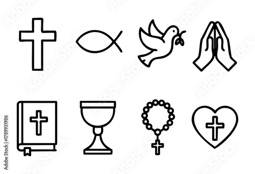 A set of eight simple line icons representing common Christian symbols: cross, ichthys, dove, praying hands, bible, chalice, rosary, and heart with a cross. The icons are black outlines on a white bac