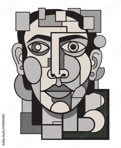 Abstract cubist portrait of a female adult face. Modern art style featuring geometric shapes and muted colors. Perfect for contemporary design projects