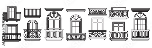 Set of balcony and window icons in a minimal outline style. Collection of classic architectural elements with different ornate railings for building facade design projects