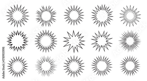 Hand drawn set of starburst icons with jagged edges. A variety of black outline explosion shapes for comic book effects, price tags, and advertising banners