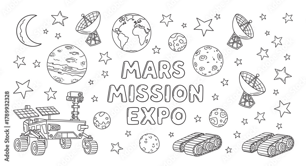 Fototapeta premium Mars mission expo doodle set for coloring pages. Space exploration elements including a rover, planets, and stars in a simple outline style for kids educational activities