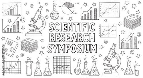 Scientific research symposium banner with hand drawn doodle icons. Collection of laboratory equipment like microscopes and flasks with data analysis charts and graphs