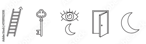 Mystical and symbolic icon set in a minimalist line art style. Esoteric elements like a ladder, key, all seeing eye, open door and moon for spiritual or business concepts