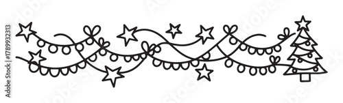 Hand drawn christmas garland border with a festive tree and stars. Simple black line art doodle for holiday decoration and winter season greeting card design elements