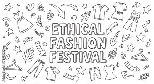 Hand drawn ethical fashion festival concept with clothing and leaf doodles. Black and white outline banner for a sustainable market or conscious consumerism event promotion
