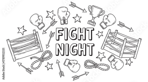 Fight night concept with boxing equipment icons. Hand drawn doodle set of boxing ring, gloves, trophy and stars for a competition or championship event announcement