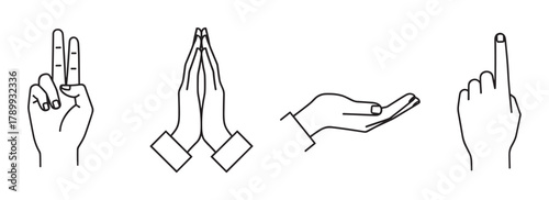Minimalist icon set of various hand gestures and signs. Collection includes peace symbol, praying hands, open palm, and pointing finger for communication concepts