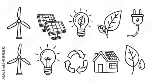 Set of renewable energy line icons for sustainability and environmental concepts. Collection includes wind turbine, solar panel, eco house, and green power symbols for design