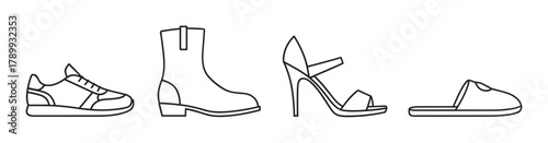 Footwear icon collection with various shoe types for men and women. Minimal line art set includes a sneaker, boot, high heel sandal, and slipper for fashion concepts