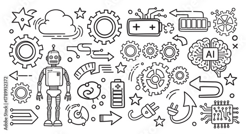Hand drawn set of artificial intelligence and robotics elements. Doodle style icons including a robot, ai brain, gears and battery for technology and automation concepts