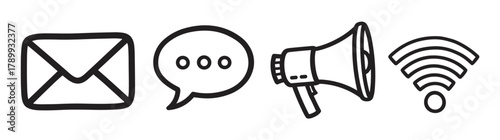 Set of hand drawn communication icons for business and marketing concepts. Includes email envelope, chat message bubble, megaphone announcement and wifi wireless connection symbol