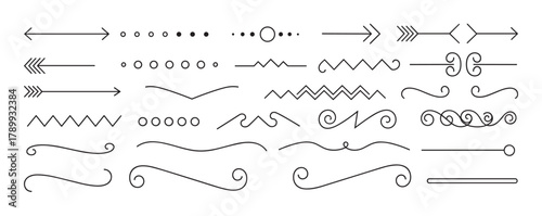 Set of various doodle style line dividers and arrow icons for design. A collection of hand drawn decorative elements including borders, swirls, and underlines for text separation