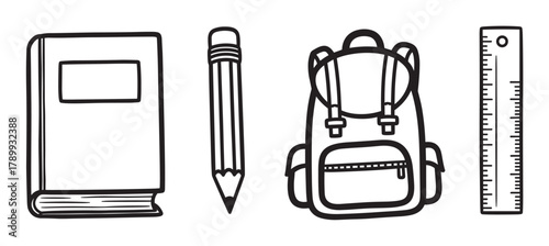 A set of school supply icons featuring a book, pencil, backpack and ruler. Simple black and white line art elements for back to school concepts or educational materials