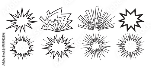 Collection of hand drawn explosion and burst effects in a doodle style. Set of comic book crash and bang shapes for dynamic emphasis and pop art design
