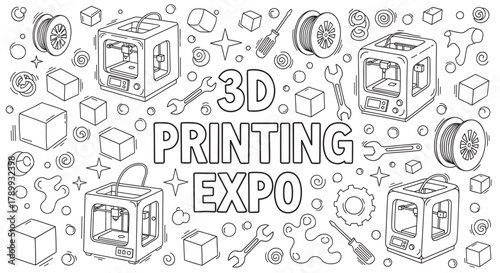 Hand drawn banner for a 3d printing expo event. Doodle style collection of printers, filament spools, and tools representing additive manufacturing and prototyping technology