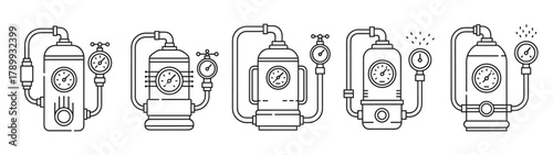 Steampunk boiler and industrial machinery icon set. Outline collection of vintage mechanical equipment with pipes and pressure gauges. Creative symbols for engineering concepts