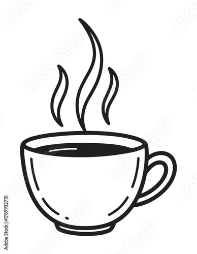 Hand drawn doodle of a steaming hot coffee cup isolated on a white background. Minimalist black and white sketch for a cafe menu, logo design, or coffee shop symbol