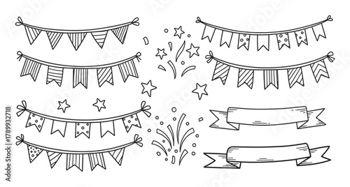 Hand drawn party bunting flags with various patterns and shapes. Doodle style celebration elements including scattered confetti, stars, and decorative ribbon banners