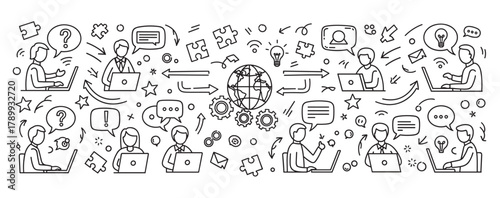 Diverse adult male and female characters working on laptops. Global communication and business collaboration concept with various icons. Outline style for online teamwork and problem-solving