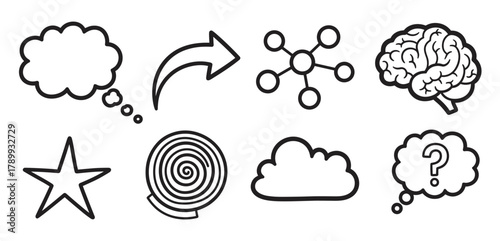 Hand drawn outline icons representing abstract concepts and communication elements. This versatile collection includes a brain, thought bubbles, network, arrow, star, and spiral