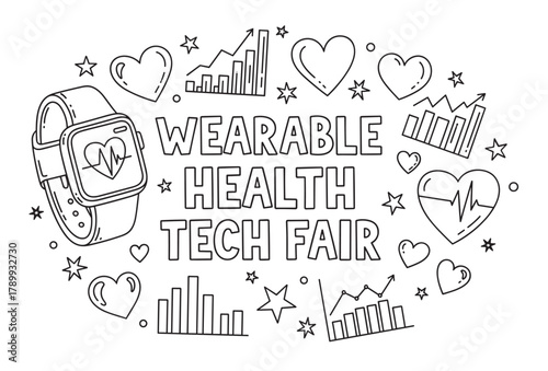 Wearable health tech fair concept with a smartwatch displaying heart rate. Outline drawing featuring data graphs, hearts, and stars for event promotion