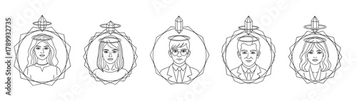 Set of esoteric portraits featuring men and women with crystal halos in geometric frames. Minimalist line art icons for spiritual concepts, new age branding, or tattoo design