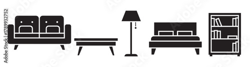 Minimalist furniture icon set with black silhouettes. Living room and bedroom elements including a sofa, bed, floor lamp, table, and bookcase for interior design concepts