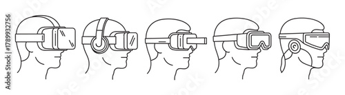Set of virtual reality headset icons showing a person in profile. Minimalist line art collection for metaverse and future technology concepts. Ar glasses and gaming goggles design