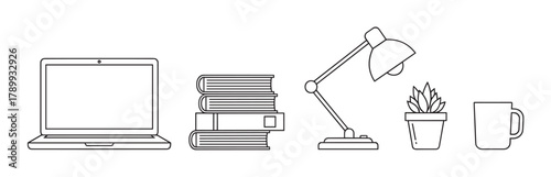 Minimalist line art icons representing a modern workspace or study area. Collection includes a laptop, books, desk lamp, plant, and mug for business or education concepts
