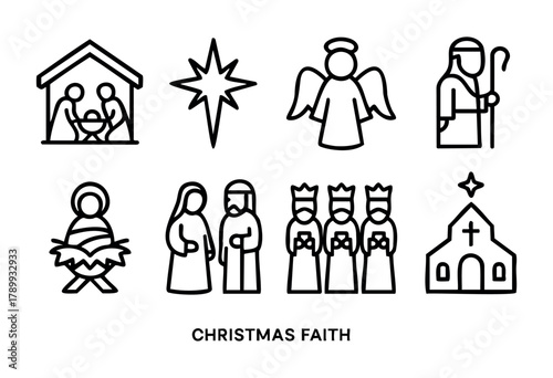 A set of simple line icons depicting key figures and symbols of the Christmas nativity story and Christian faith. Includes the Holy Family, the star of Bethlehem, an angel, a shepherd, the three wise 
