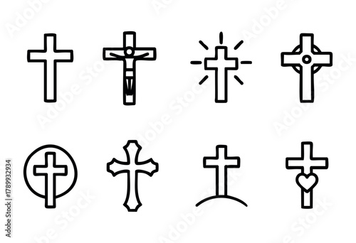 Collection of eight different cross icons in a simple line art style. Perfect for religious or spiritual designs, apps, or websites.
