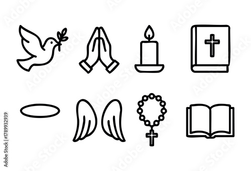 A set of eight line art icons depicting religious symbols: a dove with an olive branch, praying hands, a candle, a bible with a cross, a halo, angel wings, a rosary, and an open book. The style is sim