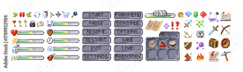 Elements of pixel game menu set. Icons of 8bit videogames. 8 bit items and buttons of start and pause, bars of health and power. Retro UI of resources. Flat isolated vector illustrations on white