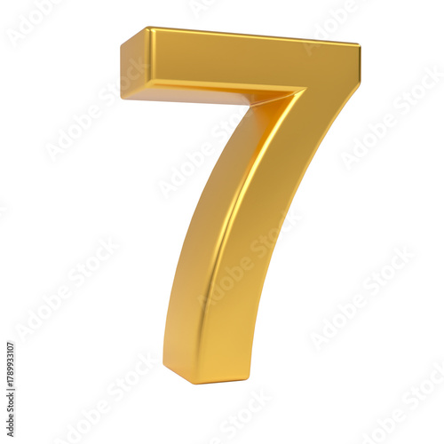Shiny golden three dimensional number seven (7) isolated on a neutral light background