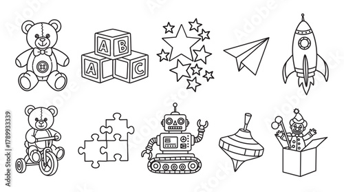 Collection of children's toy icons in a simple line art style. Set includes a teddy bear, robot, rocket, and alphabet blocks for coloring books or educational designs