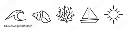 Summer vacation and sea travel icon collection in a minimal line art style. Set of simple outline symbols including a wave, seashell, coral, sailboat, and sun element