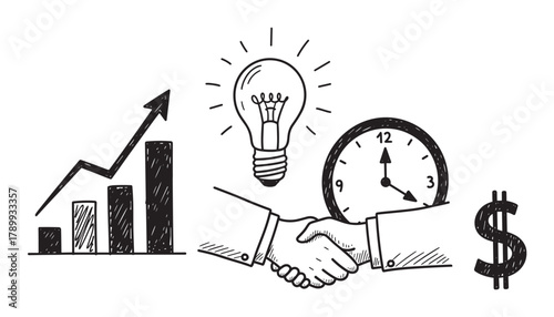 Hand drawn business icon set for success and strategy concepts. Doodle sketch elements include growth chart, idea lightbulb, handshake, time clock and money symbol