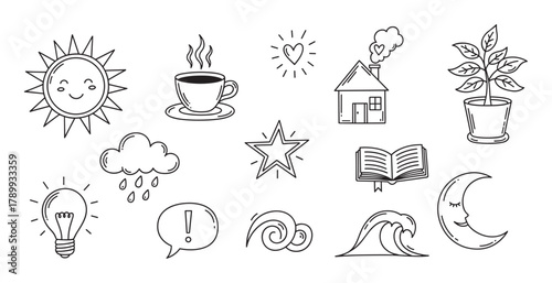 Hand drawn doodle icon set with cute simple elements for daily life and nature. Black line art collection includes sun, moon, coffee, house, plant and weather symbols for design