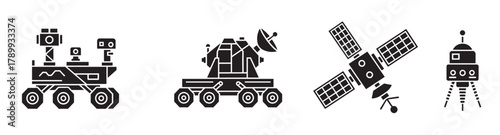 Space exploration vehicles and orbital satellite icons. Modern technology for planetary discovery and communication. Perfect for science, education, and digital design projects
