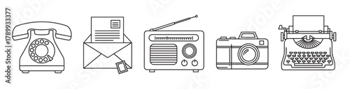 Collection of vintage media and communication line icons. A set of retro equipment including a telephone, envelope, radio receiver, old camera, and mechanical typewriter