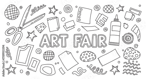 Art fair lettering with doodle elements for a creative event or workshop. Hand drawn set of craft supplies like scissors, glue, and paper for a school project banner