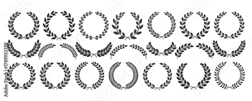 Collection of classic black laurel wreaths and branches. Perfect for awards, emblems, and decorative design elements. Symbolizing victory, achievement, and honor